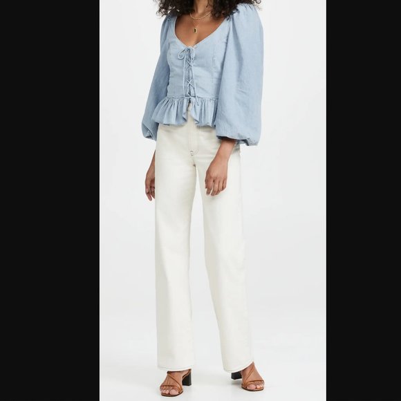 NWT SHOPBOP LOVE THE LABEL DENIM PUFF SLEEVE TOP SIZE S - Picture 4 of 5